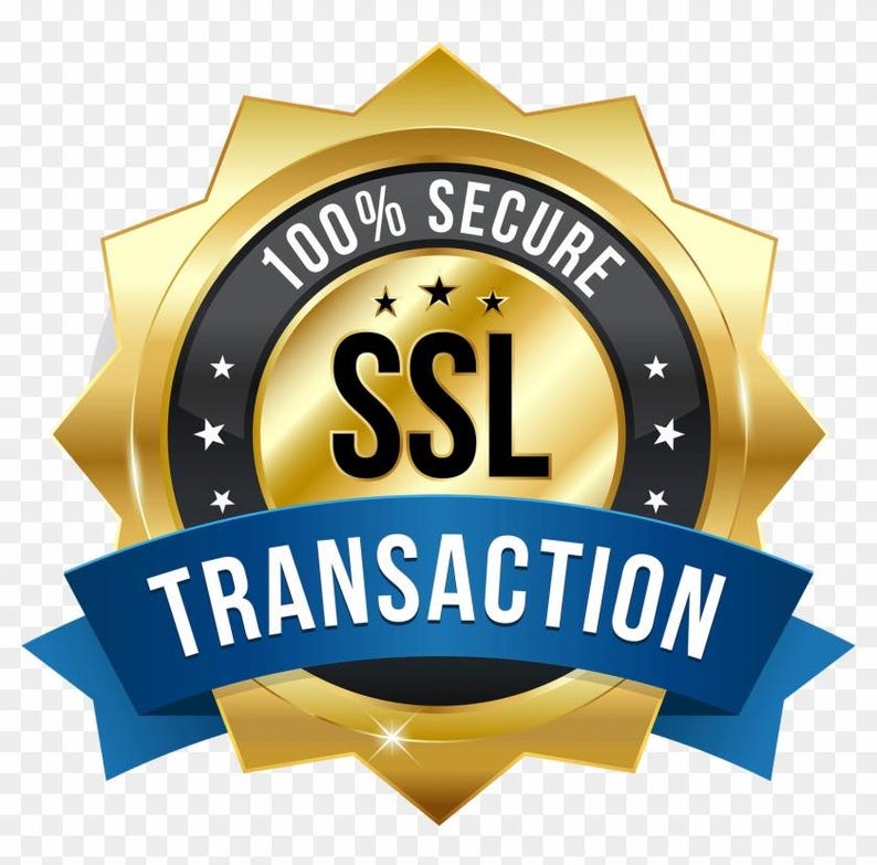 Pu&ograve; includere: Un distintivo oro e blu con le parole "100% SECURE" e "SSL TRANSACTION". Il distintivo ha un design a stella e un nastro blu con testo bianco. Le lettere SSL sono in grassetto nero.