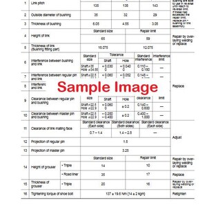 May include: A detailed technical diagram for a track shoe, featuring measurements in millimeters. The chart includes specifications for link pitch, bushing diameters, and grouser height, with standard sizes and repair limits. The text "Sample Image" is overlaid on the diagram.