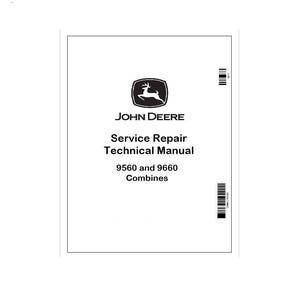 Puede incluir: Manual técnico de reparación y servicio John Deere blanco para cosechadoras 9560 y 9660. La portada presenta el logotipo de John Deere, un emblema verde y negro de un ciervo. El texto es negro.