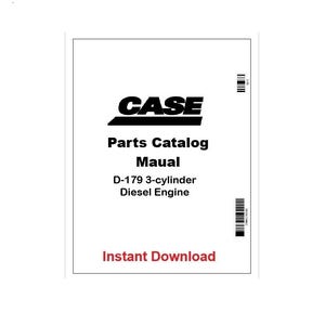 May include: A white parts catalog cover with the black CASE logo and text. The text reads "Parts Catalog Maual D-179 3-cylinder Diesel Engine Instant Download". Vertical black bars are on the right side.
