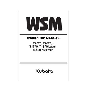 Könnte beinhalten: Ein weißes Werkstatthandbuch mit den fetten schwarzen Buchstaben "WSM" oben. Darunter steht "WORKSHOP MANUAL" und die Modellnummern T1570, T1670, T1770, T1870 Rasentraktormäher. Das Kubota-Logo befindet sich unten.