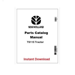 Może przedstawiać: Biały dokument z logo New Holland i tekstem. Tekst brzmi "Parts Catalog Manual TS115 Tractor" i "Instant Download" na czerwono. Po prawej stronie znajdują się czarne paski kodów kreskowych.