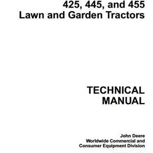 Puede incluir: Una cubierta blanca con texto negro que dice "425, 445 y 455 Tractores de césped y jardín" y "MANUAL TÉCNICO". Debajo del texto está "John Deere Worldwide Commercial and Consumer Equipment Division".