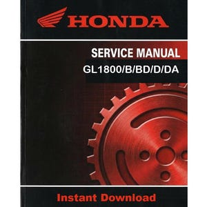 Pode incluir: Manual de serviço Honda preto e vermelho para motocicletas GL1800/B/BD/D/DA. A capa apresenta o logotipo da Honda, as palavras "SERVICE MANUAL" e um gráfico de engrenagem vermelho. O texto "Instant Download" está na parte inferior.