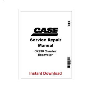 Può includere: Una copertina di manuale bianca con il logo CASE nero e testo. Il testo recita "Service Repair Manual" e "CX290 Crawler Excavator". Le parole "Instant Download" sono in rosso.