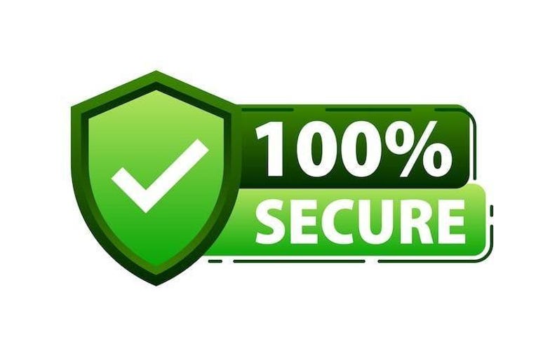 May include: A green shield with a white checkmark, and a green banner with the words "100% SECURE" in white. The design is on a white background, conveying a message of security and trust.