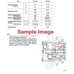 May include: Technical diagram with specifications for travel motors. The document includes a table with model numbers, types, and performance metrics such as theoretical delivery, rated speed, and pressure measurements. A schematic diagram is also included.