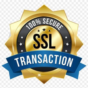 May include: A gold-colored badge with a starburst design. The badge has the words "100% SECURE" and "SSL" in black text. A blue ribbon at the bottom reads "TRANSACTION". The badge is designed to indicate secure online transactions.