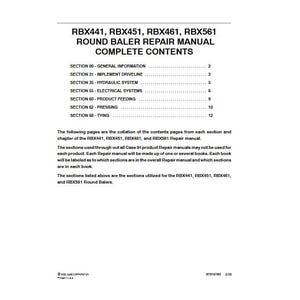 Pu&ograve; includere: Una pagina bianca con testo nero che elenca il sommario di un manuale di riparazione per rotopresse. Il manuale tratta sezioni come informazioni generali, sistemi idraulici e sistemi elettrici. Per i modelli RBX441, RBX451, RBX461 e RBX561.