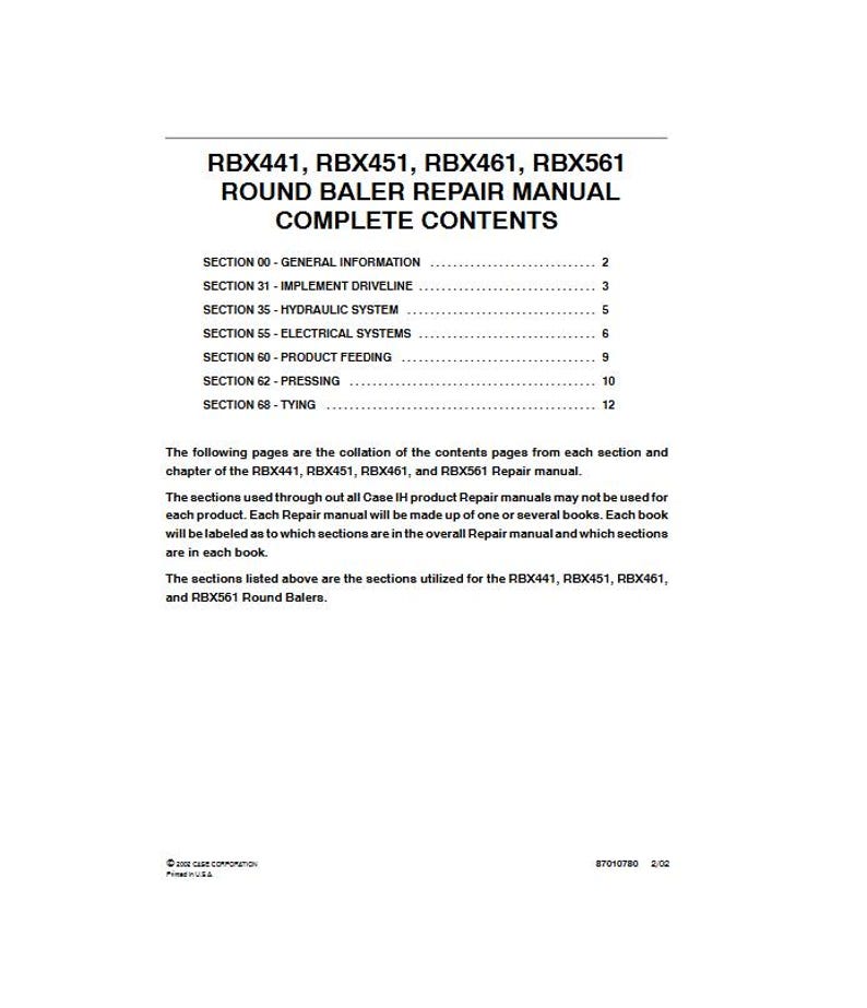Pu&ograve; includere: Una pagina bianca con testo nero che elenca il sommario di un manuale di riparazione per rotopresse. Il manuale tratta sezioni come informazioni generali, sistemi idraulici e sistemi elettrici. Per i modelli RBX441, RBX451, RBX461 e RBX561.
