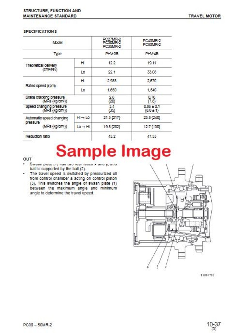 Op de afbeelding: Technische tekening met specificaties voor een reismotor, inclusief modelnummers, theoretische levering, nominale snelheid en drukmetingen. Het diagram bevat ook een schema van de interne componenten van de motor.