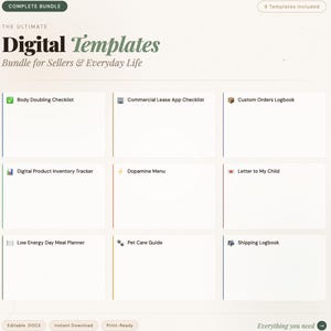 May include: A digital template bundle for sellers and everyday life. The image displays nine templates, including a body doubling checklist, a commercial lease app checklist, and a custom orders logbook. The templates are print-ready and instantly downloadable.