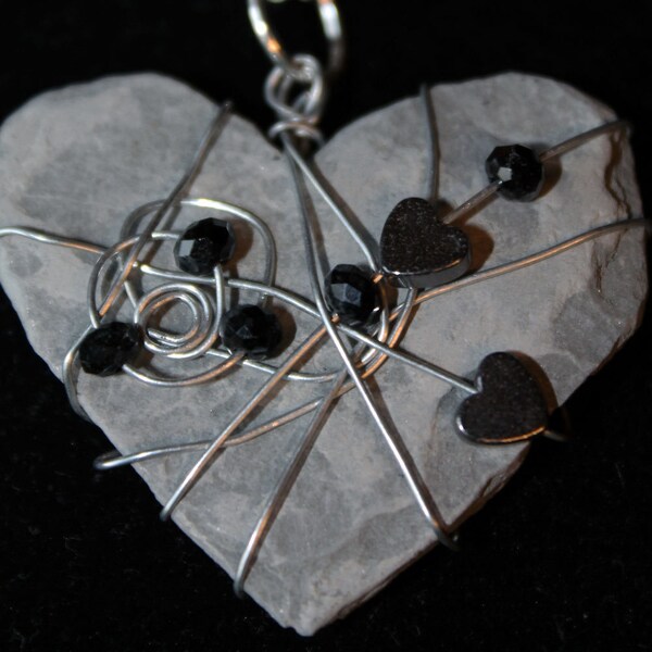 Wire Wrapped Rock Heart with Beads Silver Necklace
