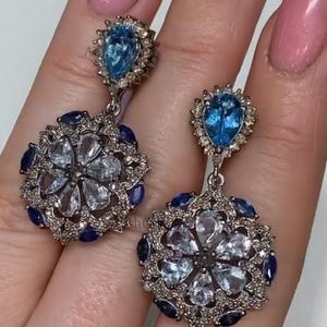 Pendientes de topacio azul natural y cianita, pendientes colgantes con diamantes pavé, joyería de plata de ley 925 para mujer, regalo de San Valentín.
