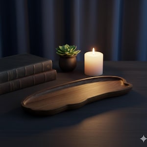 Peut inclure: Un plateau de service en bois de forme organique. Le plateau est de couleur marron chaud et repose sur une surface sombre. Une bougie allumée, une petite plante succulente en pot et deux livres sont également sur la surface.