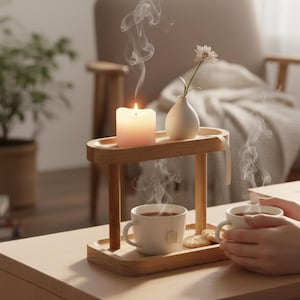 Könnte beinhalten: Ein Holztablett mit einer brennenden Kerze, einer kleinen weißen Vase mit einer Blume und zwei weißen Tassen. Dampf steigt aus den Tassen auf, was auf ein warmes Getränk hindeutet. Das Tablett steht auf einem hellen Holztisch.