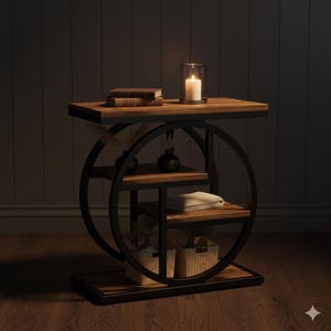 Peut inclure: Une table d'appoint rustique avec un plateau et des étagères en bois foncé, soutenue par un cadre en métal noir avec des accents circulaires. La table comprend une bougie allumée dans un support en verre, des livres et des objets décoratifs. La table mesure environ 76 cm de long.