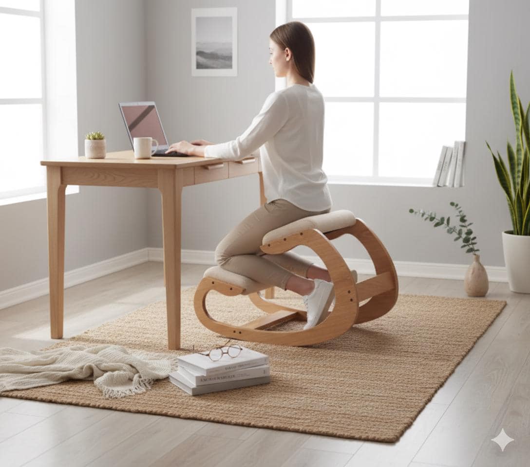 Ergonomic Wooden Kneeling Chair With Rocking Base, Posture Correcting Office Chair, Scandinavian Home Seating