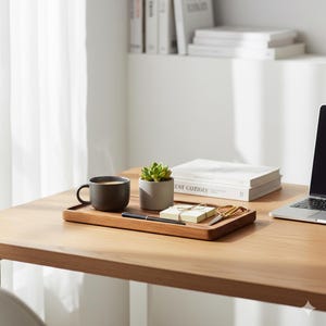 May include: A wooden tray holds a dark mug, a small potted succulent, a pen, sticky notes, and scissors. A laptop and books are on the wooden desk. The scene is set in a well-lit, minimalist office space.