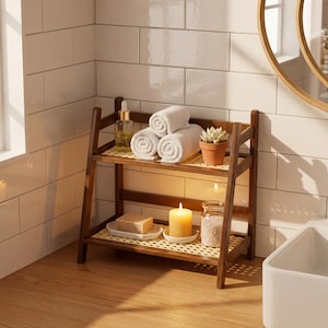 Bamboo Ladder Shelf Small 2 Tier Bookshelf - Modern Minimalist Storage Display Rack for Kitchen Bathroom Living Room Decor