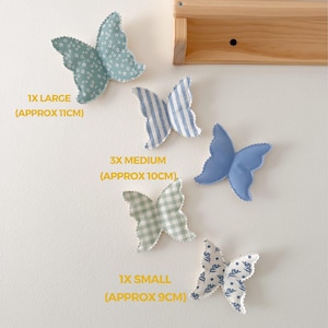 May include: A collection of fabric butterfly decorations in various sizes and patterns, including blue floral, striped, and solid blue designs. The largest butterfly is approximately 4.3 inches across. The image includes text indicating the size of each butterfly.