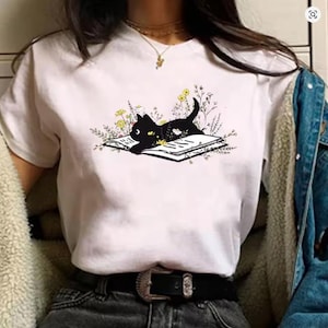 Floral Cat Shirt, Cat Lover T-shirt, Cat Book Shirt, Cat Lover Gift, Gift for Her, Cat Mom Shirt Gift, Cute Cat Shirts, Cute Book Cat Tshirt