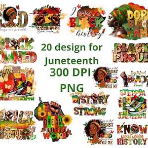 Peut inclure: Ensemble de 20 motifs PNG sur le thème du Juneteenth. Les motifs comprennent des illustrations, du texte et des graphiques avec des thèmes d'histoire, de liberté et d'autonomisation des Noirs. La palette de couleurs comprend le vert, le jaune, le rouge et le noir.