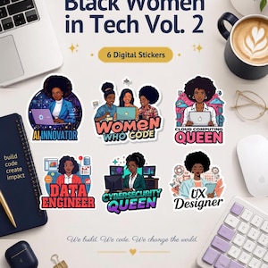 Könnte beinhalten: Ein Set aus sechs digitalen Aufklebern mit dem Titel Black Women in Tech Vol. 2, die Illustrationen von schwarzen Frauen in verschiedenen technischen Rollen zeigen, darunter AI Innovator, Women Who Code, Cloud Computing Queen, Data Engineer, Cybersecurity Queen und UX Designer.
