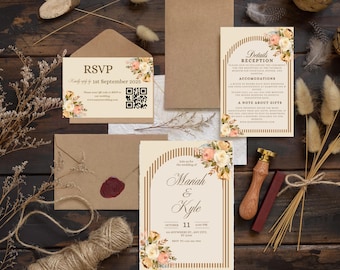 Könnte beinhalten: Hochzeitseinladungs-Set mit RSVP-Karte, Detailkarte und Einladung. Die Karten sind cremefarben mit floralen Akzenten und goldenem Text. Die Einladung enthält die Namen Mariah & Kyle und das Datum 11. Oktober.