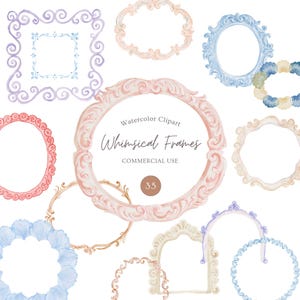Puede incluir: Clipart de acuarela con varios marcos caprichosos en colores pastel. Los marcos incluyen formas ovaladas, redondas y cuadradas con detalles ornamentados. El texto "Watercolor Clipart Whimsical Frames COMMERCIAL USE" es visible.