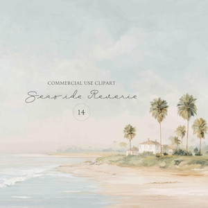 Könnte beinhalten: Aquarellmalerei einer Küstenlandschaft mit Strand, Meer und Palmen. Das Kunstwerk zeigt ein weißes Haus und den Text "COMMERCIAL USE CLIPART" und "Seaside Reverie 14". Die Farbpalette umfasst sanfte Blau-, Grün- und Beigetöne.