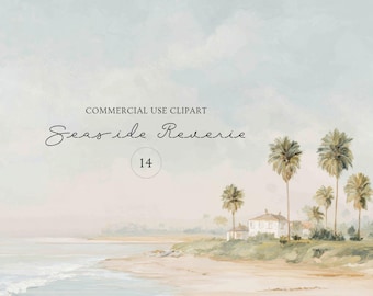 14 Watercolor Beach Backgrounds, Summer Coastal Scene PNG Bundle, Seaside Reverie, Ocean Backdrop Clipart, Beach Landscape, Commercial Use