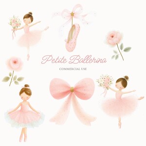 May include: Watercolor illustration featuring a ballerina theme. The image includes pink ballet shoes, roses, bows, and ballerinas in pink tutus. The text "Petite Ballerina" is also present.