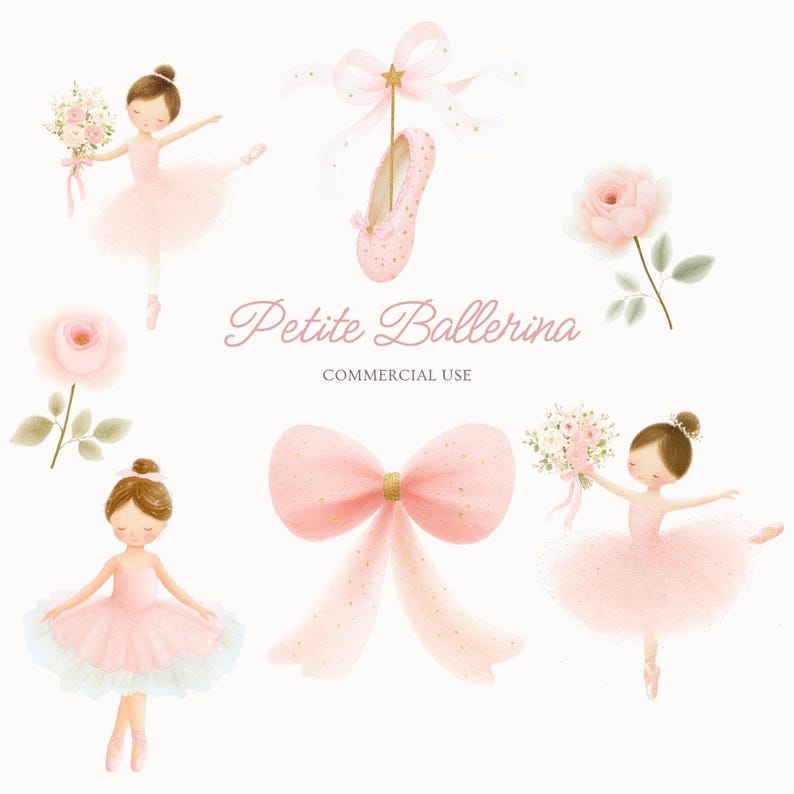 May include: Watercolor illustration featuring a ballerina theme. The image includes pink ballet shoes, roses, bows, and ballerinas in pink tutus. The text "Petite Ballerina" is also present.