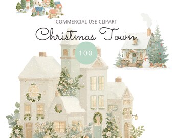 100 Watercolor Christmas Village Clipart Cozy Winter Whimsical Illustration PNG Minimal Town Houses Snowy Cottage Scene Pastel Storybook