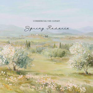 Puede incluir: Una pintura digital de un paisaje con colinas verdes, montañas distantes y árboles en flor con flores blancas. El texto "COMMERCIAL USE CLIPART", "Spring Reverie" y el número "57" están centrados en la parte superior.