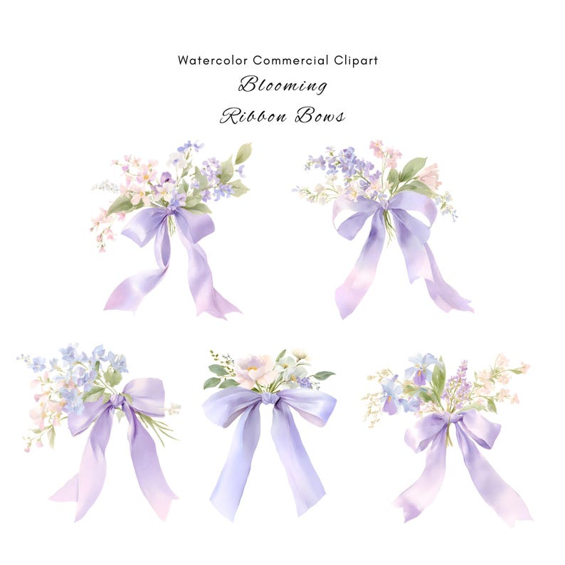 14 Watercolor Floral Bow Clipart l Coquette Ribbon Bow PNG Bundle l Pastel Flower Bow Clipart Feminine Wedding Clipart (Commercial Use) image 6