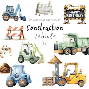May include: Watercolor illustration of construction vehicles and equipment, including a blue excavator, a green dump truck, and a yellow forklift. The image also features a sign that says "Happy Birthday". The text "Construction Vehicle" is also present.