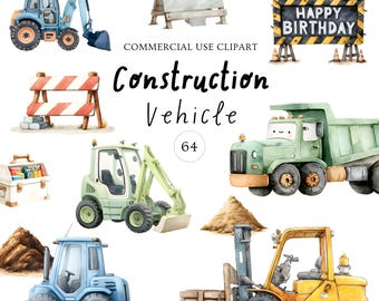 64 set di clipart di veicoli da costruzione, camion, attrezzature, escavatori, gru, acquerelli, PNG, per feste di compleanno, uso commerciale