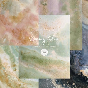 May include: A collage of watercolour backgrounds in shades of pink, green, and blue with gold accents. The text "Dreamy Glaze" and "Commercial Use Clipart" are visible. A circle with the number "34" is also present.