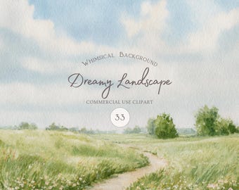 33 Watercolor Spring Landscape Background Clipart Set | Dreamy Countryside Sky PNG Bundle | Pastel Nature Digital Paper Vintage Meadow Lake