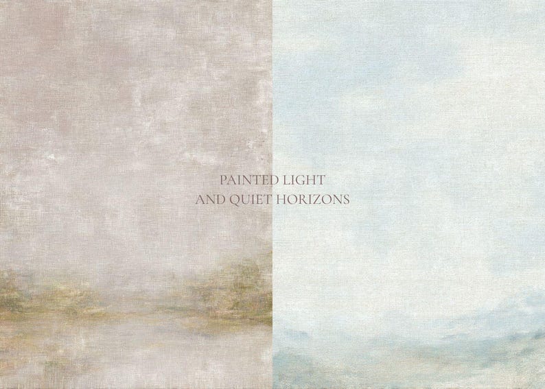 K&ouml;nnte beinhalten: Ein digitales Kunstwerk in zwei H&auml;lften mit einer texturierten, beigen und goldenen Landschaft auf der linken Seite und einem blassblauen und wei&szlig;en Horizont auf der rechten Seite. Der zentrierte Text lautet: PAINTED LIGHT AND QUIET HORIZONS.