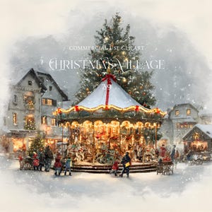 以下が含まれることがあります： 水彩画のクリスマスビレッジのシーン。ライトと馬のフィギュアが照らされたメリーゴーランドが中心で、雪に覆われた建物とクリスマスツリーに囲まれています。「Christmas Village」の文字が見えます。