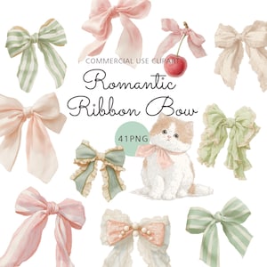 Puede incluir: Ilustración en acuarela de varios lazos de cinta románticos en colores pastel, incluyendo rosa, verde y crema. También se presenta un gatito con un lazo rosa. Se muestra el texto "Romantic Ribbon Bow".