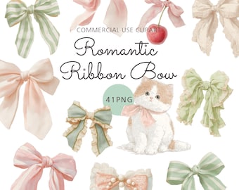 41 Coquette Pastel Ribbon Watercolor Clipart Set  Lace & Rococo Frame Vintage Bows Bundle PNG Sublimation Commercial Junk