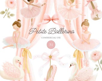 51 Ballet Clipart PNG, Ballerina Girl Watercolor Clipart Bundle, Petite Ballerina, Ballet Birthday Party, Pink Tutu Nursery Decor