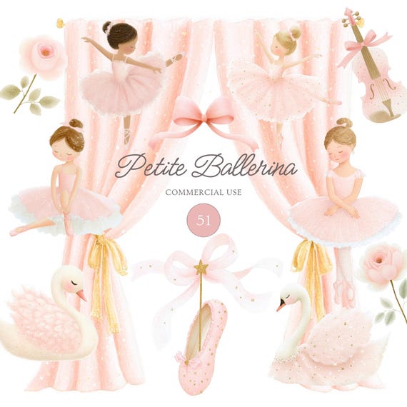 51 Ballet Clipart PNG, Ballerina Girl Watercolor Clipart Bundle, Petite Ballerina, Ballet Birthday Party, Pink Tutu Nursery Decor