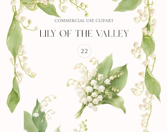 Può includere: Illustrazione ad acquerello di fiori e foglie di mughetto. L'immagine include diverse composizioni dei fiori, con il testo "COMMERCIAL USE CLIPART" e "LILY OF THE VALLEY" e il numero "22". I fiori sono bianchi e le foglie sono verdi.