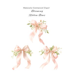 May include: Watercolor illustration of three blooming ribbon bows in soft peach. Each bow features long, flowing ribbons, delicate floral accents, and green foliage. The text at the top reads "Watercolor Commercial Clipart Blooming Ribbon Bows."