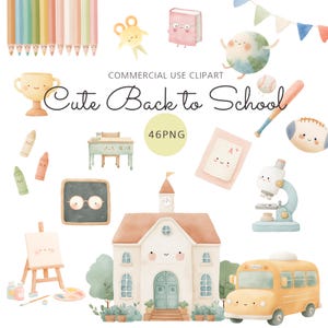 Może przedstawiać: Ilustracja akwarelowa z elementami szkolnymi. Zawiera budynek szkoły, autobus szkolny, ołówki, kredki, mikroskop i tekst "Cute Back to School". Obraz ma miękką, pastelową paletę kolorów.